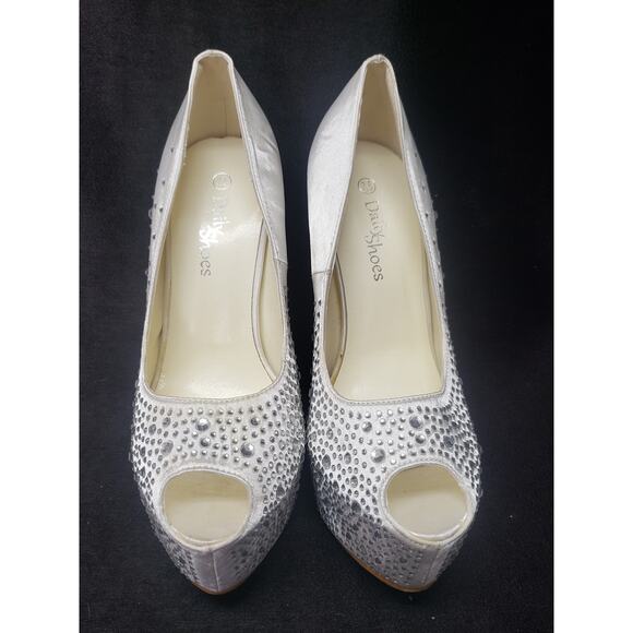 DailyShoes White Ivory Satin Rhinestone Ultra High Stiletto Platform Heels - Picture 3 of 10